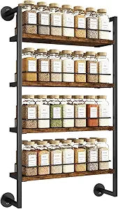 IBUYKE Spice Rack Wall Mount,4 Tier Hanging Seasoning Organizer,Large Spice Rack for Wall for up to 50 Jars,Spice Organization for Kitchen Cabinet,Bathroom,Pantry,Living Room,Brown TLJ016H