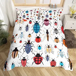 Watercolor Beetles Bedding Set Twin Size for Kids Boys Bedroom,Cute Bugs Bed Duvet Cover Set,Chic Nature Art Comforter Cover Beetles Decor 2 Pieces 1 Duvet Cover with 1 Pillowcase No Comforter
