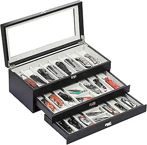 AUTOARK 3-Tier PU Leather & Velvet Knife Organizer with 26 Slots,Transparent Glass Top & Drawer,Compact Storage for Pocket Knives,Ideal for Men's Collections & Gifts,Black,MKAW016