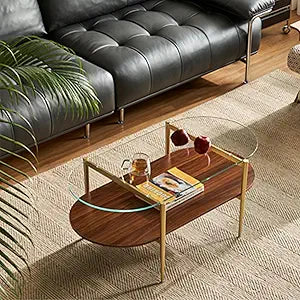 Saint Mossi Oval Glass Coffee Table for Small Living Room, Double Layer Glass and Wood Center Table, Clear Glass & Coffee Brown MDF Bottom Shelf, 41x21 x17, Gold Table Legs