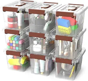 9-Pack Stackable Plastic Storage Bins with Lids, 4 Qt- BPA-Free, Clear Organizing Solution, Latches, Durable Nestable Containers, Secure Pull Handle.