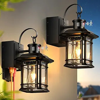 2 Pack Porch Light with GFCI Outlet, Distance and Time Adjustable Motion Sensor Outdoor Lights, Black Dusk to Dawn Outdoor Light with Outlet for House, Garage, Garden, Waterproof, Aluminum