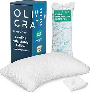 Olive + Crate BreathePure Crescent Adjustable Loft Shredded Memory Foam Pillow - Queen Size - Cooling Pillow, Hypoallergenic, CertiPUR-US Certified, for Back, Stomach, Side Sleepers & Neck Pain