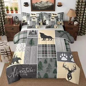 Farmhouse Cabin Twin Comforter Set With Sheets Wolf Bear Antlers 7-Piece