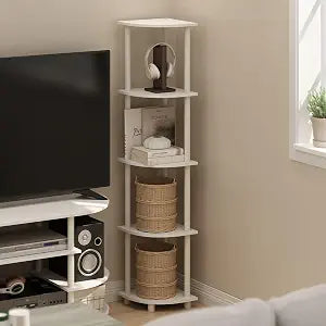 Furinno Turn-N-Tube Toolless Assembly Corner Shelf, 5-Tier White Corner Bookshelf, Open Storage Shelves, for Organization and Storage, Living Room, Home Office, Bedroom, Plain White