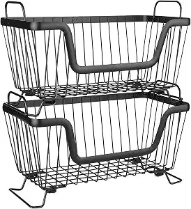 LOTTS Stackable wire basket for pantry, Metal Pantry basket, Storage Organizer Bin with Handles, Fruit basket for Kitchen Cabinets, Pantry, Closets, Bedrooms, Bathrooms (12.66.57.6")- 2 Pack