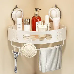 Voldra Corner Shower Caddy Suction Cup, Aluminum Corner Shower Shelves for Wall No Drilling, Large Suction Cup Shower Organizer with Towel Bar & Hooks Removable Bathroom Storage (1 Pack-Cream White)