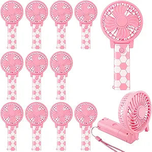 Glooglitter 12 Pcs Soccer Portable Fans Foldable Pink Soccer Handheld Fans Bulk with Lanyard Small Personal Fan Favor for Team Gift Outdoor Sport Game Cooling Favors, Battery Not Include
