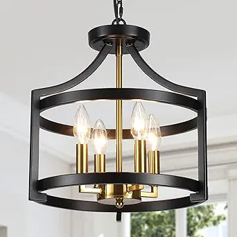 Farmhouse Dining Room Light Fixture,4 Lights Kitchen Chandeliers Over Table Modern Black&Gold Hanging Pendant Lamp Convertible Semi Flush Mount Ceiling Light for Entryway Foyer Island Hallway