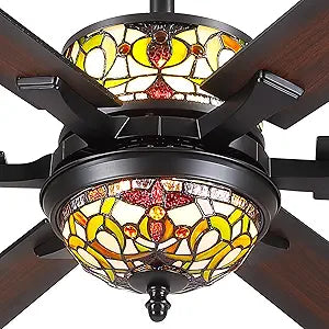Ceiling Fans with Lights - 52" Black Ceiling Fan Chandelier with 6 Dual-Blades and Glass Shade, 6 Speeds and Reversible, Indoor and Outdoor Antique Fan Light Fixture, Retro Style Red Dcor 8267