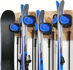Ski & Snowboard Wall Mount, Fits Most Skis & Snowboards, Anti-Scratch & Non-Slip, Secure Hold Up to 25 lbs, Easy Install, Ski Holder with Pole Hooks, Space-Saving Garage Storage Ski Hanger, 4 Pack