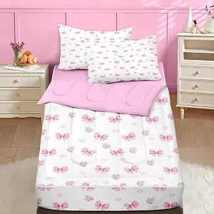 Nesker Twin Zipper Bedding, Pink Bowknot Zipper Bedding Sets for Girls, 3pcs All in on one, Princess Flower Kids Comforter Set with Fitted Sheet and 1 Pillowcase