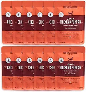 Portland Pet Food Company Human-Grade Mixed Variety Pack Wet Cat Food Pouch Luke's Chicken N' Pumpkin - Moist, Soft Cat Food Mixer, Topper, and Rotational Meal - 12 Pack