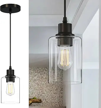 Pendant Lights Kitchen Island, E26 Socket Adjustable Cord for Dining Room,Bedroom,Living Room,Farmhouse Industrial Pendant Light Fixtures with Glass Shade,Modern Pendant Lighting,1Pack