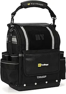 Closed Top Toolbags Professional Electrician Tool Bag, Tool Organizer, HVAC,Black, Large Capacity Multi-Pocket Design, Removable Tool Panels, Service Bag with Shoulder Strap, Molded Handle