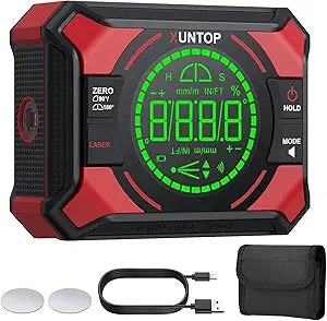 XUNTOP 4x90/2x180(0.01) Digital Angle Finder with Dual Laser Digital Angle Gauge with Bottom and Back Magnetic Rechargeable Inclinometer with Digital Level Bubble (Class 2 Laser, <1mW Power Output)