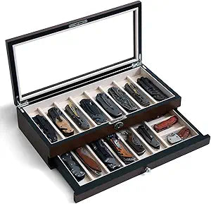 Knife Display Case Two-Tier Pocket Knife Case Box Storage for 15-17 Pocket Knives Pocket Knife Collection Case Organizer for Men Gift with Walnut Finish and Glass Window