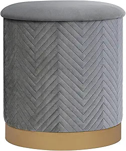 Round Velvet Storage Ottoman with Tray Lid, 16.3" Foldable Ottoman Footstool with Metal Base, Upholstered Storage Footrest for Dorm Living Room Bedroom, Grey