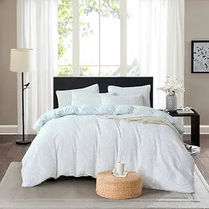 Cornflower Blue Striped Comforter Set Queen - 3 Pieces Bedding Comforter Set for All Season, Soft Lightweight Washed Microfiber, 1 Striped Comforter and 2 Pillowcases (Blue, Queen Size)