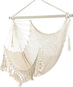 Hammock ChairMax 330lbs, Large Hanging Chair, Soft Cotton Rope Swing Chair with High Load-Bearing Metal Rod,Indoor Outdoor Garden Yard Living Room Use Beige