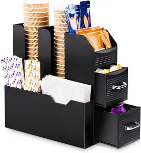 SZQINJI Coffee Condiment Organizer 11-Compartment Countertop 2-Drawer Black