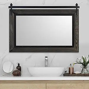 YOSHOOT Farmhouse Barn Door Mirror, 40"x26" Rustic Bathroom Mirror, Wood Frame Wall Mirror, Wooden Mirror for Living Room Bedroom Entryway Wall Dcor, Horizontal Hanging ONLY