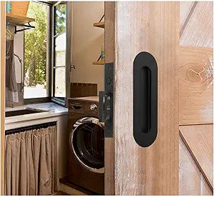 Pocket Door Handles Matte Black6 inch Oval Recessed Flush Pocket Door Pull,304 Stainless Steel Pocket Door Hardware, Hidden Edge Pull with Push Automatic Bounce Switch