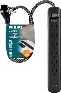 Philips Surge Protector Power Strips with USB Ports, 3 Ft Braided Extension Cord, 945 Joules, 6 Outlet Extender, 1 USB-A, 1 USB-C, Flat Plug, ETL Safety Listed, Black, SPP87613/37-T1