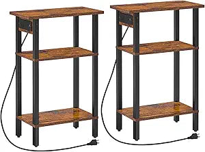 HOOBRO Narrow Side Table, Set of 2, 3-Tier Slim End Table with Charging Station, Skinny Nightstand with Open Storage, for Small Spaces, Living Room, Bedroom, Study, Rustic Brown and Black BF340UBZP201