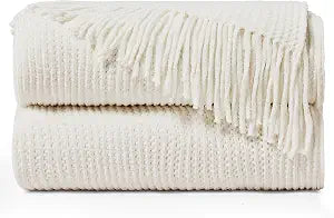 inhand Throw Blanket for Couch Bed,Chunky Chenille Woven Soft Blankets with Tassels, Cozy Boho Farmhouse Fall Winter Decor,Warm for Women,60"x80",Medium Thick-Off White