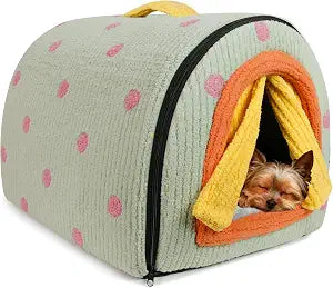 Dog House Indoor for Small Dogs, 2-in-1 Enclosed Dog Bed with Cover Cave & Curtain, Dog Tent with Plush Washable Cushion, Inside Dog House for Pets Under 5.5 lbs(Green, S)
