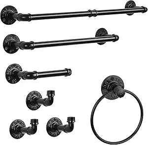 Bathroom Hardware Fixture Set Industrial Towel Bar Sets with Paper Towel Rack Wall Mount Hand Towel Holder Roll Ring Toilet Paper Holder and Pipe Robe Towel Holder Hanger for Farmhouse Home, 7 Pieces