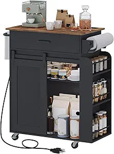 YATINEY Kitchen Island with Storage, Mobile Kitchen Cart with Charging Station, Kitchen Island on Wheels, Rolling Island Table with Sliding Cabinet Door, Black and Rustic Brown ZD01UBR
