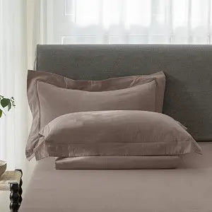 King Size Pillow Shams Set of 2  100% Cotton, Linen-Like Texture, Embroidered Flange Edge, Envelope Closure, Naturally Soft & Comfortable  Mauve Brown, 20"x36"