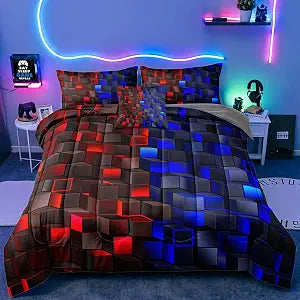 6 Pieces 3D Block Bedding Set Twin Size Red Blue Gaming Block for Boys Comforter Set Bed in A Bag Perfect for Boys Girls Kids Teens Bedroom Decorative Twin09