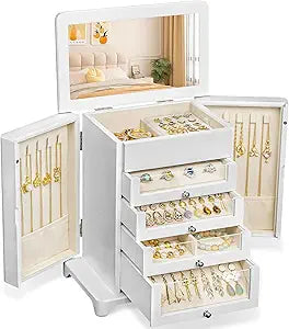 Large Jewelry Box & Organizer for Women, Wooden Jewelry Storage with 4 Transparent Drawers, Holds Necklaces, Rings, Bracelets, Earrings and Watches(White)
