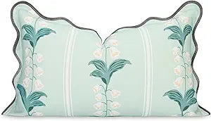 Hofdeco Premium Coastal Hampton Patio Indoor Outdoor Lumbar Pillow Cover Only, 12"x20" Water Repellent for Backyard, Couch, Poolside, Pale Forest Green Print Watercolor Striped Lily of the Valley