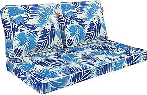 Outdoor Loveseat Cushion Set, 48 x 24 Inch Patio Cushions Set of 3, Water Repellent & Fade Resistant, Removable Cover, for Sofa Bench Swing Couch Pads, Blue Leaf