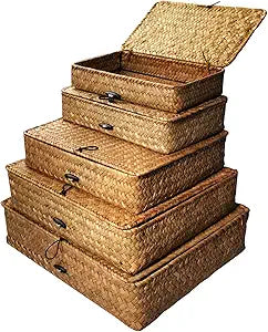 5 Pcs Seagrass Basket with Lid 5 Sizes Decorative Storage Boxes Rattan Wicker Storage Basket with Lids Woven Organizer Baskets Multipurpose Flat Storage Bins for Shelf Closet Bedroom (Brown)