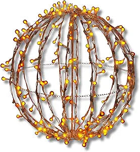 Holiday Bright Lights 15 Inch LED Foldable Brown Sphere with 120 Orange Lights, Indoor Outdoor Christmas Pathway Ball Decoration for Yard Garden Patio and Garage