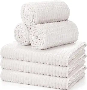 Buryeah 6 Pcs Flannel Sleepover Party Throw Blanket Bulk 50 x 60 Inch Oeko-tex Standard 100 Certified Wedding Throw Blanket 3D Jacquard Grid Design for Donation Homeless (Cream White)