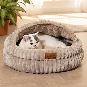 CHEERPALS Cat Cave Bed for Indoor Cats, Washable Covered Cat Bed Hooded Kitty Bed Soft Fluffy Pet Bed for Puppy and Small Dog(Khaki)