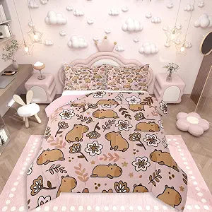 Erosebridal Cartoon Capybara Twin Size Bedding Set for Home, Cute Animals Comforter Set for Kids Boys Girls Women Men, Branches Down Comforter, Florals Quilt, Pink