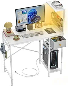 Jakyitvi 33.7" Computer Desk with Power Outlets, LED Lights & Drawer, Small Office Desk with Storage Bag & Hooks, Gaming Desk for Bedrooms or Home Office, Compact Study Desk for Small SpacesWhite