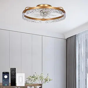 Finktonglan 20" Crystal Flush Mount Ceiling Fan with Light, Gold, Low-Profile Enclosed Fandelier, App/Remote Dimmable 30006500K, Reversible Quiet Motor, 6 Speeds, Timer
