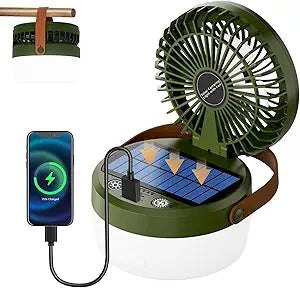 Solar Camping Fan with LED Light & USB Output, 4-in-1 Portable Rechargeable Fan for Camping, Emergency, Tent Γ Adjustable 3 Speeds, SOS Mode, Solar/USB/Type-C Charging (Green)