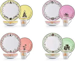 Disney Princess 16-Piece Ceramic Dinnerware Set | Merida, Pocahontas, Moana, Snow White | Home Kitchen Essentials For Dining Room | Includes Dinner Plates, Soup Bowls, Mugs | Place Setting For 4