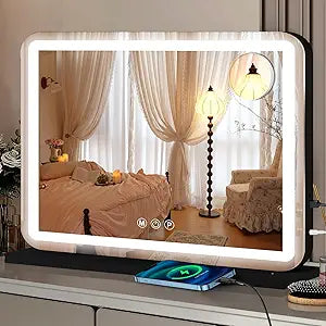 Ratsamee 23"x18" Black Vanity Mirror with Lights, Led Makeup Mirror, Lighted Makeup Mirror with 3 Color Dimmable Lights, Smart Touch Screen Control, Aluminum Metal Frame,USB Charging Port