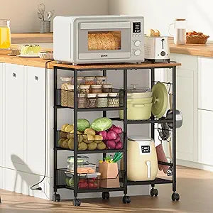Rolling Kitchen Storage Microwave Cart, Kitchen Island with Adjustable Shelf on Lockable Wheels, Countertop 27.75"L  15.35"W, Bakers Rack with Tilt-Out Baskets, for Kitchen, Coffee Bar, Living room