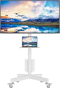 BONTEC Rolling TV Stand with Pegboard Storage for 3265 Inch TVs, Holds, Height Adjustable Mobile TV Cart on Metal Wheels with Shelf & Cable Management,Holds up to 88 lbs, Max VESA 400x400mm, White